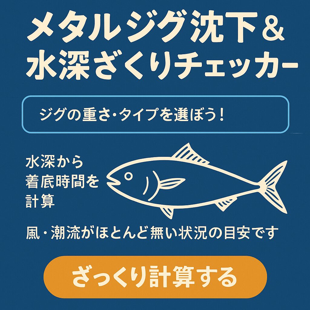 メタルジグ沈下＆水深ざっくりチェッカーの説明画像。濃紺背景に白い魚の線画とツール名が配置されているシンプルなデザイン。