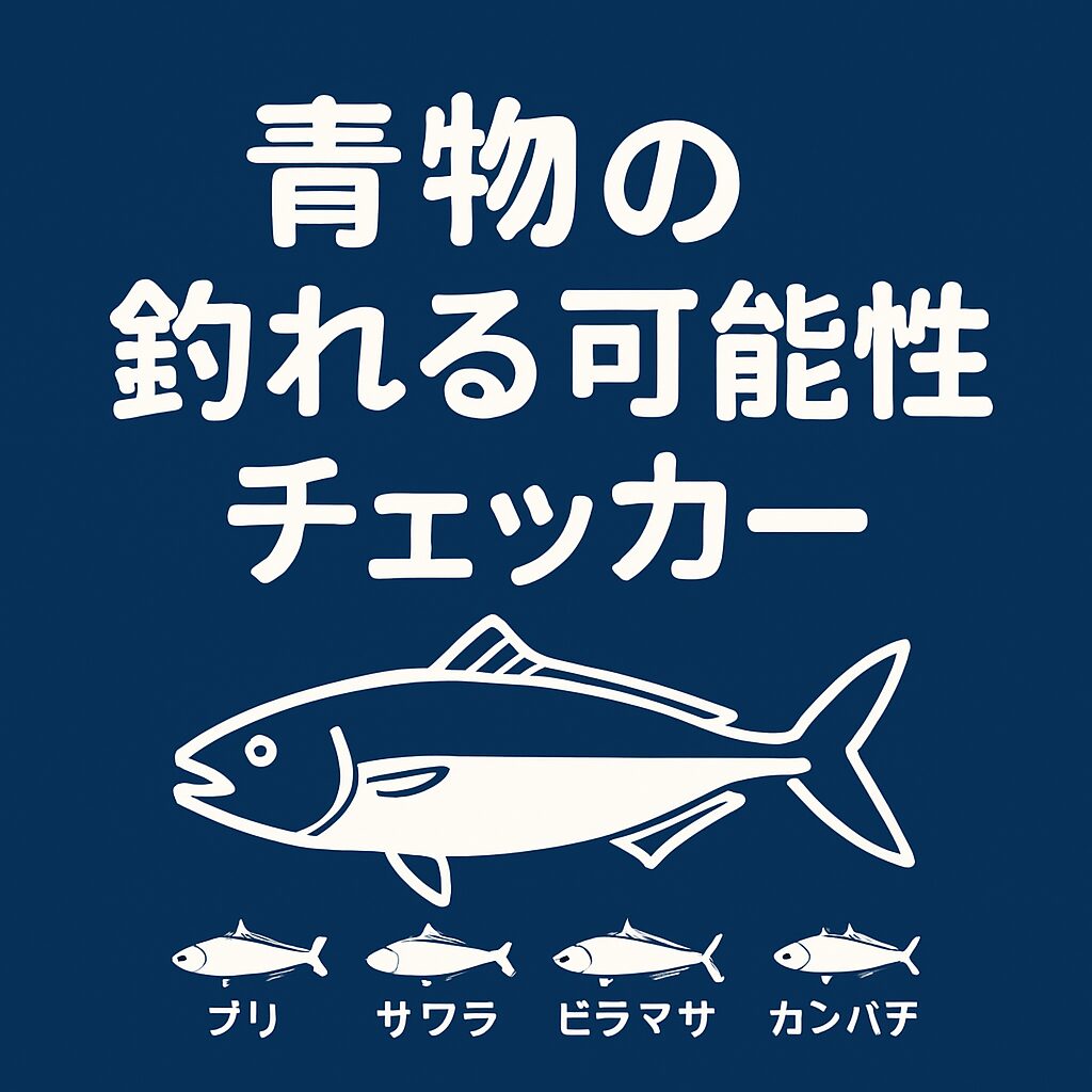 青物（ブリ系）のシルエットと海の青い背景を使った「青物の釣れる可能性チェッカー」のアイキャッチ画像
